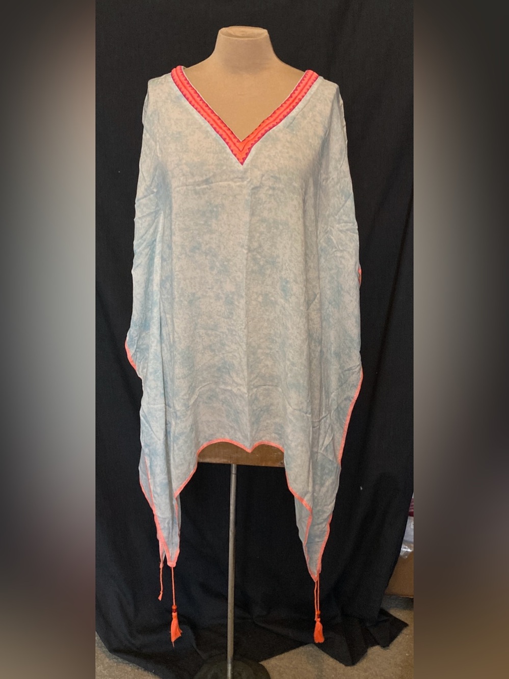 Miss K Muted Blue and Bright Orange Swim Coverup with Beaded Tassles